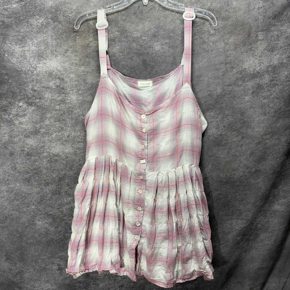Krista Larson Lagenlook Purple Plaid Cotton Button Front Mini Dress Tunis Top OS